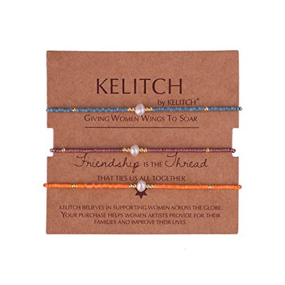 KELITCH 3 PCS Natural Pearls Bracelets Women Strand Thin Rope Friendship Bracelets Handmade Stack Charm Bracelets - color: Purple Orange Blue 02F