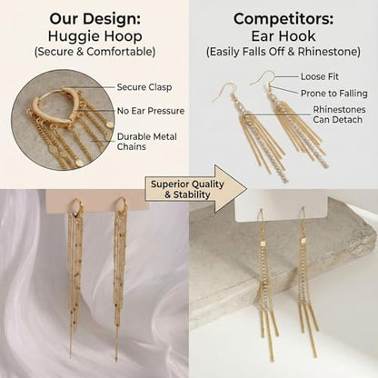 Gold Chandelier Earrings for Women, Long Tassel Earrings Dangle Drop with Secure Huggie Hoop, Lightweight Formal Earrings Chain Fringe Statement Jewelry for Prom Wedding Party (Gold)
