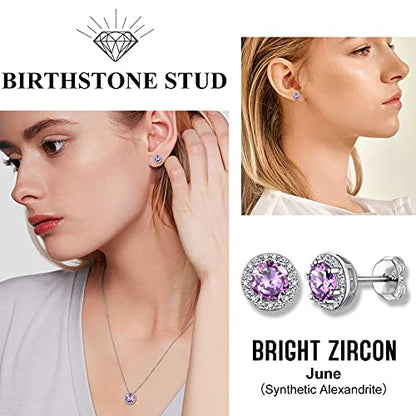 Bestyle Sparkling 925 Sterling Silver Birthstone Stud Earrings for Women, Heart/Round/Teardrop/Square Solitaire Diamond Studs Earrings, Great Birthday/Christmas Gifts - style: 06. Purple Alexandrite-June-round