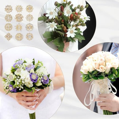 12Pcs Crystal Rhinestone Flower Brooch Pins Set, Wedding Brooches For Women - color: Gold