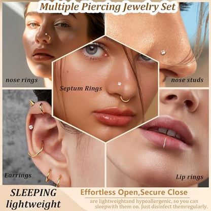 15PCS 14K Gold Plated Nose Rings Studs Set for New Piercing Beginners - color: Silver-3PCS Nose Rings & 12PCS Nose Studs