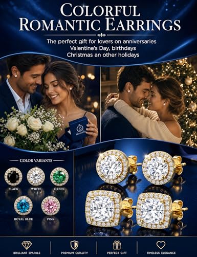 2 Pairs S925 Sterling Silver Stud Earrings for Women Halo Cubic Zirconia | 14K Gold Plated Hypoallergenic Non Tarnish Round Square Silver Stud Earring for Women Men Dainty Trendy Jewelry - style: Gold-Medium Stone