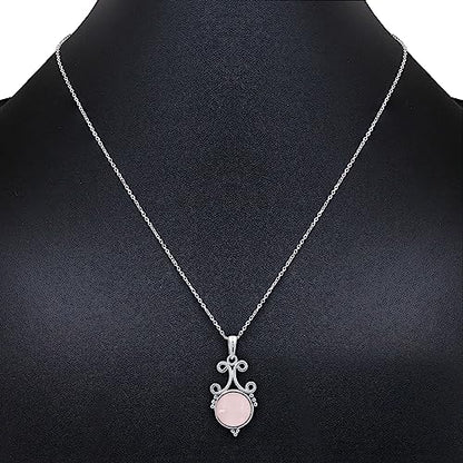 Natural Round Gemstone Pendant Necklace for Women, 925 Sterling Silver | Solitaire Birthstone Jewelry With 18 Inch Chain, Handmade Semi Precious Stone Pendant, Jewelry Gift for Mom, Wife & Sister - color: Rose Quartz
