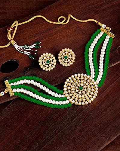 Aheli Pearl Diamond Choker Necklace & Round Earrings Gift for Women Indian Traditional Bollywood Fashion Bharatanatyam jewellery set - color: Green & White