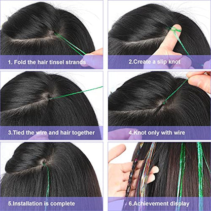 FEBSNOW Hair Extension Tinsel, 3600 Strands Sparkling Hair Kit with tool | 47Inches 18 Colors Glitter Heat Resistant Strands, Girls Party Accessories, Christmas Wedding Halloween Hair Styling Supplies - color: Multi 18 colors
