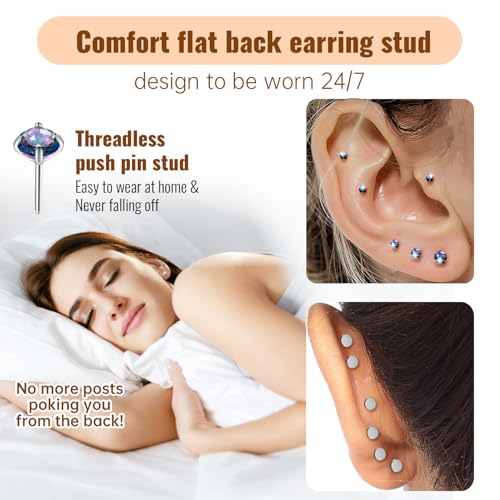 20G Flat Back Earrings Studs 18G Nose Rings 24K Gold Plating 3 Pairs Titanium Threadless 16G Cartilage Earrings for Women Men Tragus Conch Helix Medusa Lip Piercing Jewelry - color: polish VM cz, size: 20G
