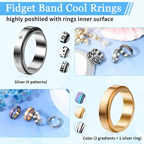 Cruzix 12Pcs Anxiety Fidget Rings for Women, Stainless Steel Spinner Rings Moon and Star Bead Band Ring Adjustable Open Ring Sunflower Fidget Rings for Men Teens Anti Stress Gift, Size 7-10