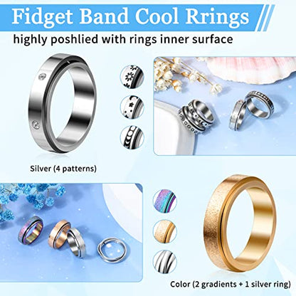 Cruzix 12Pcs Anxiety Fidget Rings for Women, Stainless Steel Spinner Rings Moon and Star Bead Band Ring Adjustable Open Ring Sunflower Fidget Rings for Men Teens Anti Stress Gift, Size 7-10