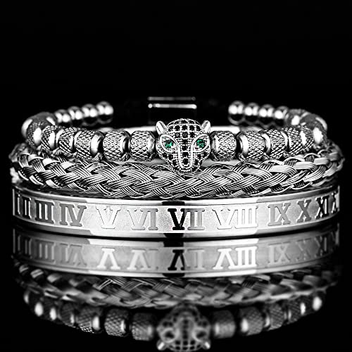 3pcs/set Classical Handmade Braiding Bracelet Hip Hop Men Pave CZ Leopard Head Roman Numeral Bracelet Stainless Steel Jewelry - color: 3pcs A Silver Set A