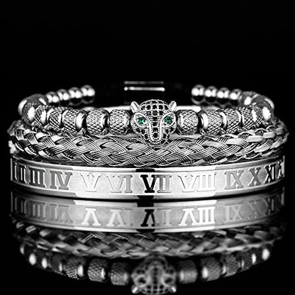 3pcs/set Classical Handmade Braiding Bracelet Hip Hop Men Pave CZ Leopard Head Roman Numeral Bracelet Stainless Steel Jewelry - color: 3pcs A Silver Set A