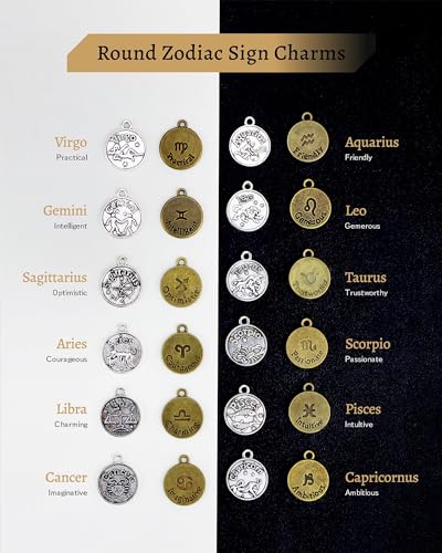 DIY Zodiac Charm Set, 48 Count 4 Sets Antique Tibetan Silver and Bronze Round Zodiac Sign Charms Constellation Pendants for Necklace Bracelet Jewelry Making and Crafting