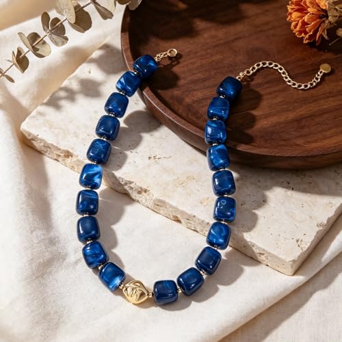 Beaded Necklaces for Women Boho Chunky Necklace Statement Big Resin Bead Choker Fashion Summer Beach Jewelry - color: Royal Blue