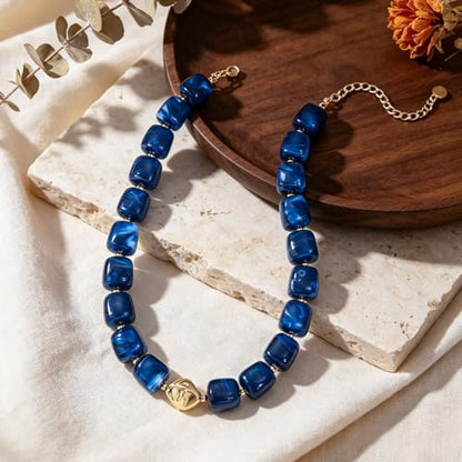 Beaded Necklaces for Women Boho Chunky Necklace Statement Big Resin Bead Choker Fashion Summer Beach Jewelry - color: Royal Blue