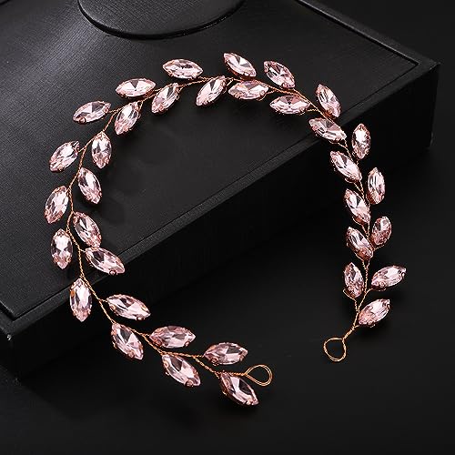 Teyglen Bride Wedding Crystal Hair Vine Full Pink Crystal Headband Bridal Hair Accessories Wedding Headpiece Handmade Pink Rhinestone Hair Piece Headband for Women Girls (Pink) - color: Pink