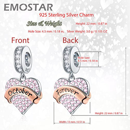 EMOSTAR Jan-Dec Birthstone Charms fits European Birthday Bracelet, Dangle 925 Sterling Silver Heart Shaped Pendant with 12 Months Birthstones, Gifts for Mom/Women - color: October Birthstone