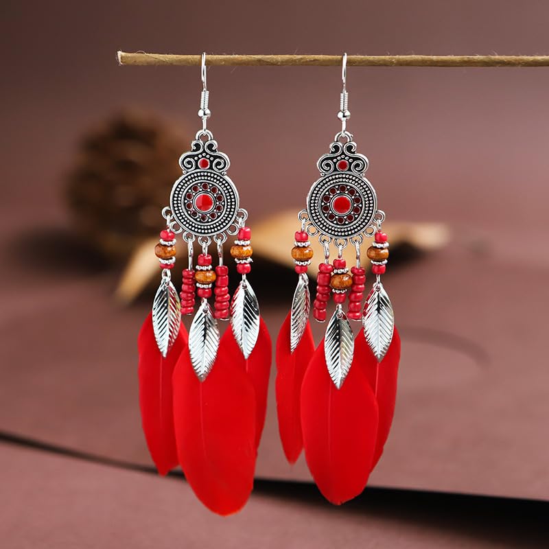 Boho Western Earrings for Women Western Feather Earrings Vintage Concho Turquoise Teardrop Dangle Earrings Country Concert Jewelry Accessories - style: Red feather
