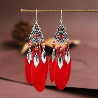 Boho Western Earrings for Women Western Feather Earrings Vintage Concho Turquoise Teardrop Dangle Earrings Country Concert Jewelry Accessories - style: Red feather