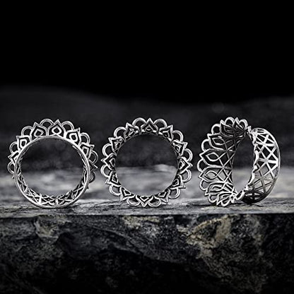 PUNKYOUTH 2PCS Ear Gauges Plugs Hollow Floral Single Flared Tunnels Fashion Expander Stretcher Piercings Brass Gauge Earrings 2g-1" - color: #1 Silver, size: 00g-10mm