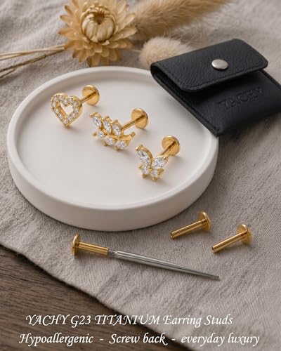 YACHY ASTM F136 G23 Titanium Flat Back Stud Earrings, Internally Threaded Screw-On Hypoallergenic Body Piercing Jewelry for Everyday Wear, Tragus Helix Conch Monroe Medusa Lip, 18G 6mm 8mm - color: Blooming Love--3pcs+3bar--Gold, size: 6mm+8mm