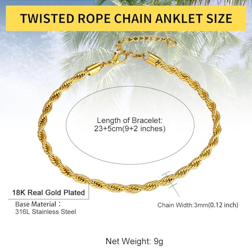 ChainsHouse Ankle Bracelets for Women, Stainless Steel Beaded Chain Ankle Bracelet, Womens Heart Anklets for Summer Beach Jewelry Gifts - color: M: twisted rope-6mm-gold
