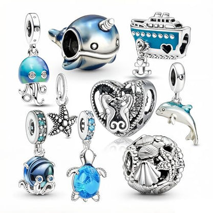 10 Pack Silver Bead Charms for Bracelets and Necklaces Pendant Dangle Beads Jewelry Gifts for Women Charm Set - color: Ocean