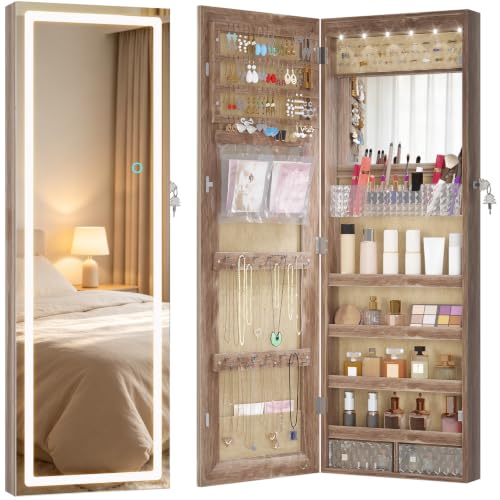 42.5" Wall Mounted Jewelry Organzier with LED Mirror, Wood | Lockable Jewelry Cabinet for 30 Ring Slots, 96 Earring and 20 Necklace Hooks, Gift for Women, Girls - color: Brown-1