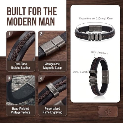 Personalized Bracelet for Men, Engraved Name Bead Braided Leather Bracelet for Dad Husband Grandpa Son, Custom Stainless Steel Men's Bracelet - color: 4 names