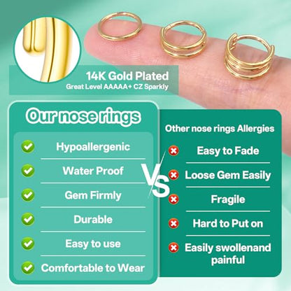 davka Nose Ring Set, 18G Hinged Hoop 8mm & 20G Nose Studs, Stainless Steel & Gold Plated, Hypoallergenic, Multiple Styles Nose Piercing Jewelry - color: Gold/3Pcs Hoops/18gauge 8mm/Set-C