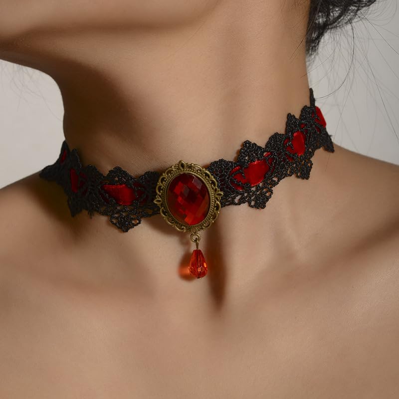 CSIYANJRY99 Gothic Choker Necklace for Women Halloween Red Crystal Vampire Choker Steampunk Lace Choker Witch Costume Accessories - style: Red