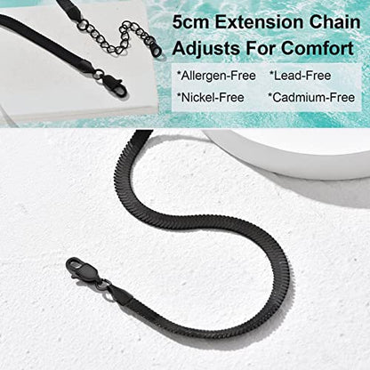 Adjustbale Link Chain Anklet for Women Summer Jewelry, 316L Stainless Steel Figaro/Wheat/Twist Rope/Cuban Foot Bracelet-Waterproof, Resizable 9"-12" (Gift Box Included) - color: 6, Herringbone - Black-5mm