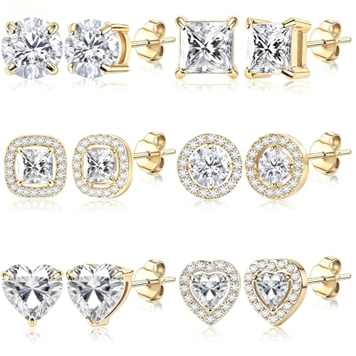 ONESING 6 Pairs Stud Earrings for Women 14K Gold/Silver Plated Hypoallergenic Cubic Zirconia Earrings Studs Stianless Round Square Heart CZ Stud Earrings Set for Women Men - color: Gold