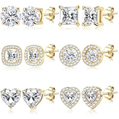 ONESING 6 Pairs Stud Earrings for Women 14K Gold/Silver Plated Hypoallergenic Cubic Zirconia Earrings Studs Stianless Round Square Heart CZ Stud Earrings Set for Women Men - color: Gold