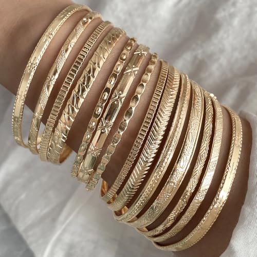 17IF Gold Bangle Bracelet For Women, 14k Multilayer Charm Textured Stackable Bracelets Boho Indian Chunky Cuff Fashion Jewelry Gift - style: 14 Pcs