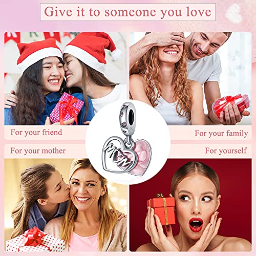 925 Sterling Silver Charms for Bracelets Necklaces Dangle Pendant With 5A Cubic Zirconias Bead Charm for Women DIY Jewelry - style: Pink Heart LOVE MOM Charm