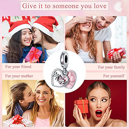 925 Sterling Silver Charms for Bracelets Necklaces Dangle Pendant With 5A Cubic Zirconias Bead Charm for Women DIY Jewelry - style: Pink Heart LOVE MOM Charm