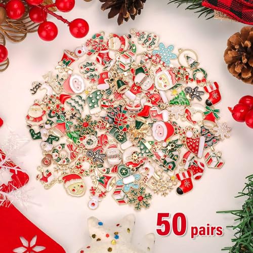 Acejoz 100Pcs 50 Pairs Christmas Charms for Jewelry Making and Bracelets, Gold Enamel Jewelry Pendants for Xmas Earring Bracelet Necklace Craft Making - style: Christmas Charms