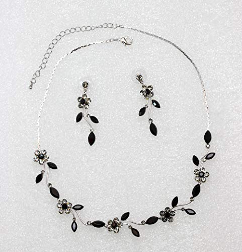 Faship Gorgeous Rhinestone Crystal Floral Necklace Earrings Set - color: Black