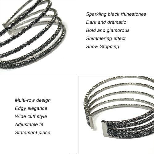 Black Rhinestone Cuff Bracelet for Women Layered Crystal Bridal Jewelry | Adjustable, Open Arm Cuff, Multilayer, Bangle Bracelets, Hypoallergenic, Lightweight, for Prom Cocktail Party Wedding Dating