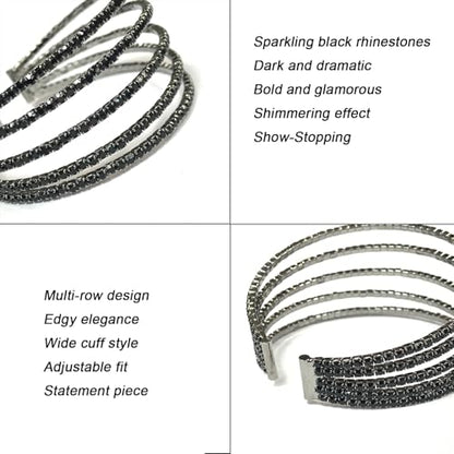 Black Rhinestone Cuff Bracelet for Women Layered Crystal Bridal Jewelry | Adjustable, Open Arm Cuff, Multilayer, Bangle Bracelets, Hypoallergenic, Lightweight, for Prom Cocktail Party Wedding Dating