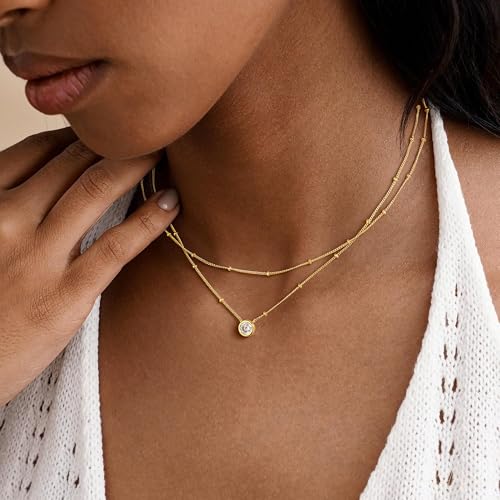 Yoosteel Layered 14K-Gold-Plated Necklace for Women,CZ Necklaces Stack | Dainty Cubic Zirconia Pendant Necklace,Simple Chain Choker Stackable,Trendy Jewelry,Wedding Bridesmaid Gifts - color: Layered Bezel Round CZ