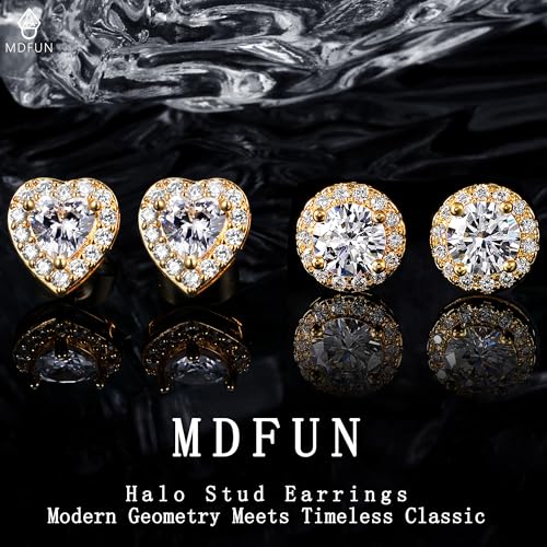MDFUN Halo Stud Earrings 18K Gold Plated Round/Square/Heart/Teardrop Cubic Zirconia Earrings Set for Women - color: B-Round/Heart