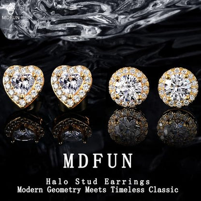 MDFUN Halo Stud Earrings 18K Gold Plated Round/Square/Heart/Teardrop Cubic Zirconia Earrings Set for Women - color: B-Round/Heart