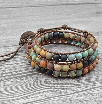 Fashion Love Heart Beaded Leather 3 Wrap Bracelets for Women Handmade Boho Natural Stone Ball Beads Wrist Bracelet Nice Gifts New Adjustable