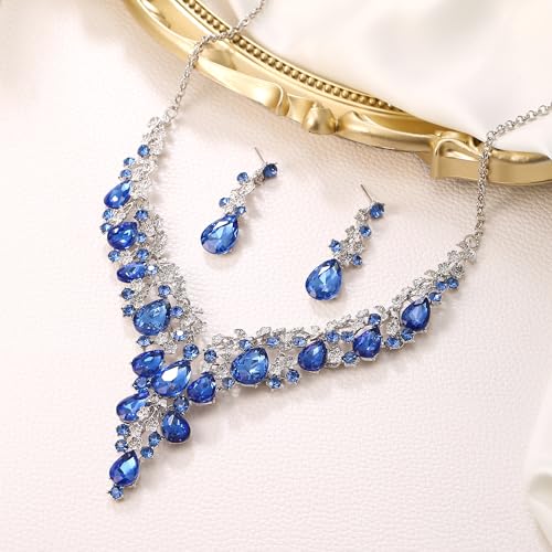 Wedding Bridal Necklace Earrings Jewelry Set for Women | Gorgeous Austrian Crystal Teardrop Flower Cluster for Bridal Bride Bridesmaid - color: 2Pcs-Navy Blue Silver-Tone