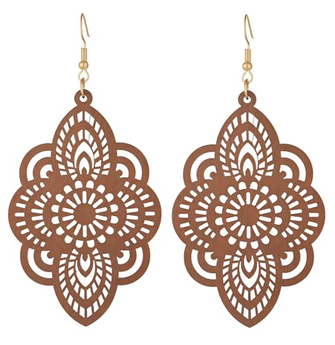 Boho Black Filigree Dangle Earrings for Women, Lightweight Hollow Lace Drop, Wood, 3.34" x 1.69", Bohemian Jewelry - color: Light Brown