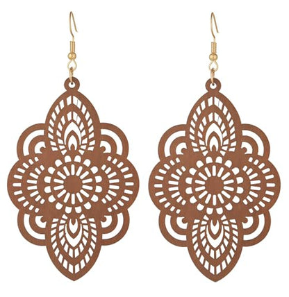 Boho Black Filigree Dangle Earrings for Women, Lightweight Hollow Lace Drop, Wood, 3.34" x 1.69", Bohemian Jewelry - color: Light Brown