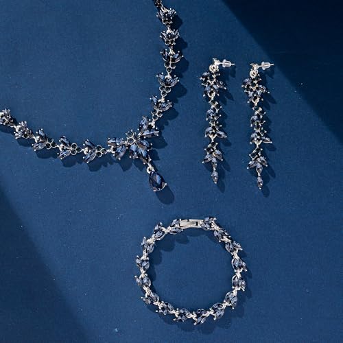 Paxuan Wedding Jewelry Sets for Bride Bridesmaid Bridal Jewelry Set for Women Wedding Crystal Necklace Earrings Bracelet Set for Party Prom Jewelry - color: Sapphire Blue - Silver