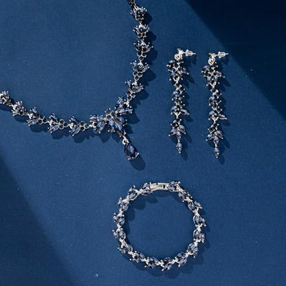 Paxuan Wedding Jewelry Sets for Bride Bridesmaid Bridal Jewelry Set for Women Wedding Crystal Necklace Earrings Bracelet Set for Party Prom Jewelry - color: Sapphire Blue - Silver