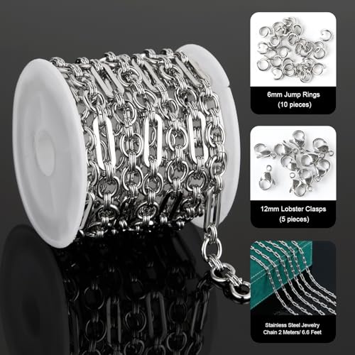 UMAOKANG 2 Meters Stainless Steel Paperclip Chain Bulk for Jewelry Making | High Polish Silver Paper Clip Link Chain on Spool with Lobster Clasps Jump Rings - color: Paperclip (Steel)