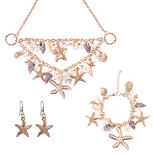 PH PandaHall Mermaid Jewelry Accessories for Women, Gold Starfish Necklace Bracelet Boho Seashell Jewelries Ocean Beach Bib Statement Necklace Earrings for Summer Cosplay Holiday - color: Gold Bracelet & Necklace & Earrrings + Gift Box